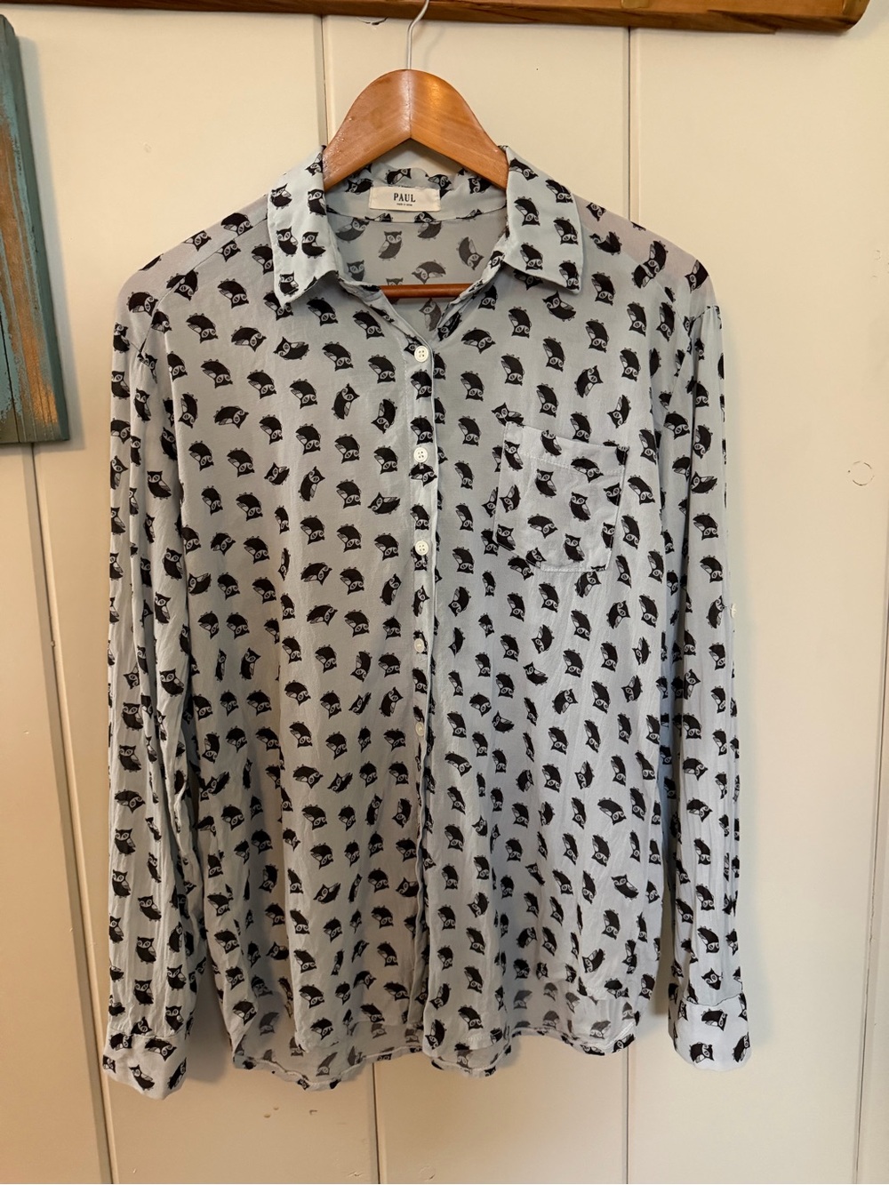 PAUL Owl Print Button Down Shirt Women’s L Made Korea Novelty Long Sleeve